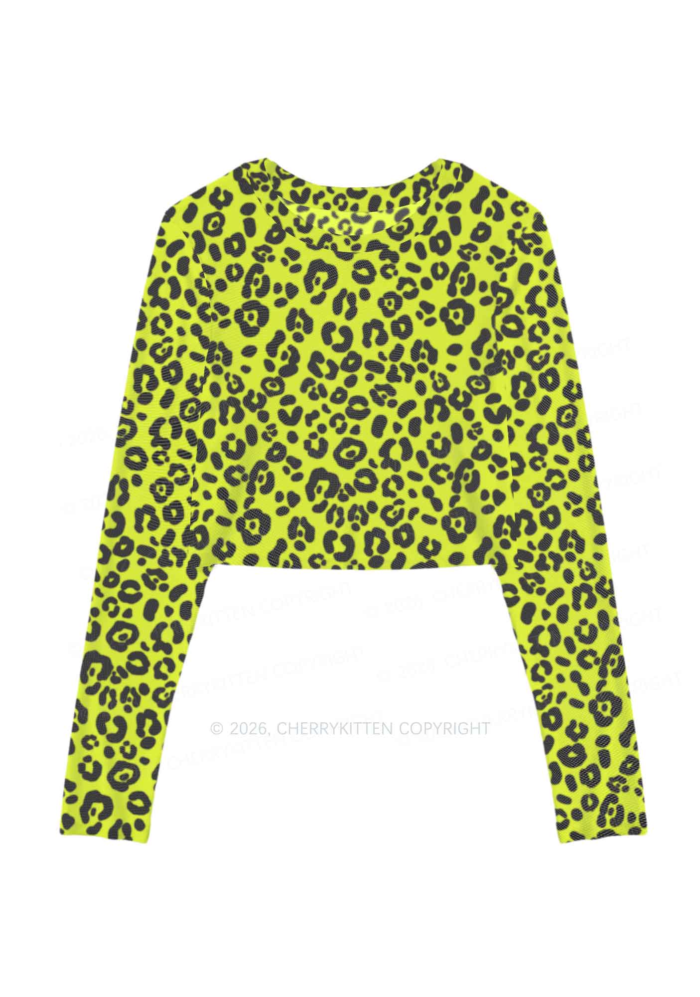 Neon Leopard Y2K Mesh Long Sleeve Crop Top Cherrykitten