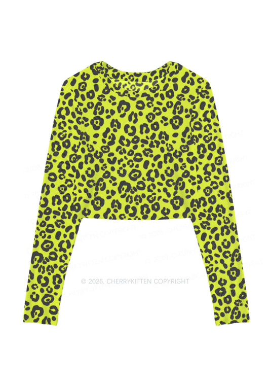Neon Leopard Y2K Mesh Long Sleeve Crop Top Cherrykitten