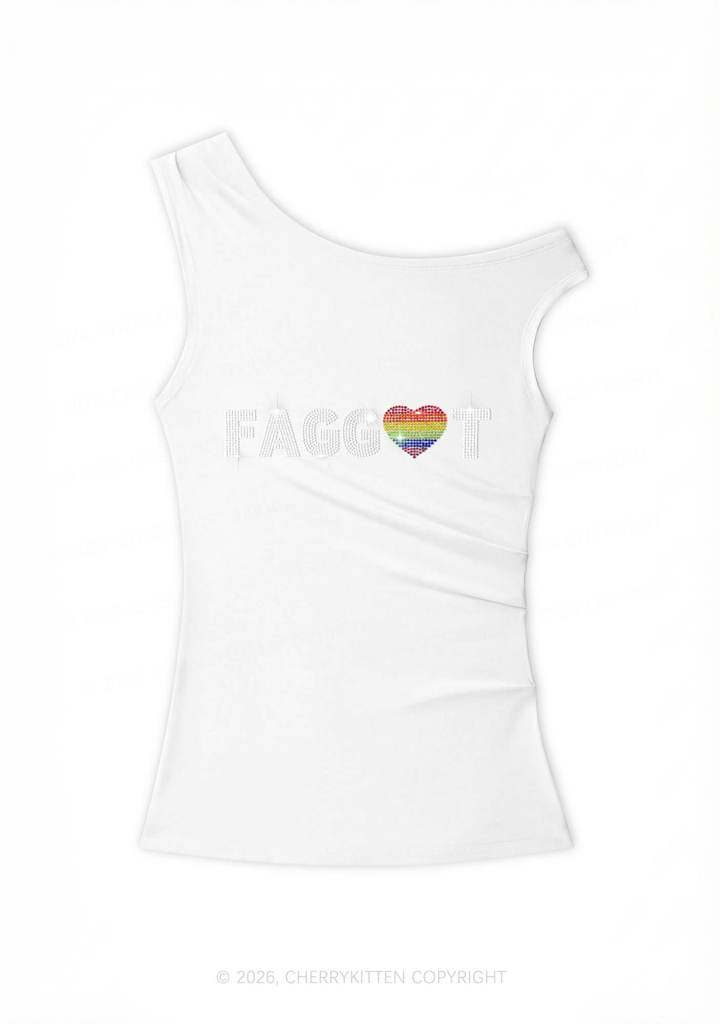 Rhinestone Rainbow Heart Faggot Pride Y2K Off Shoulder Tank Top Cherrykitten