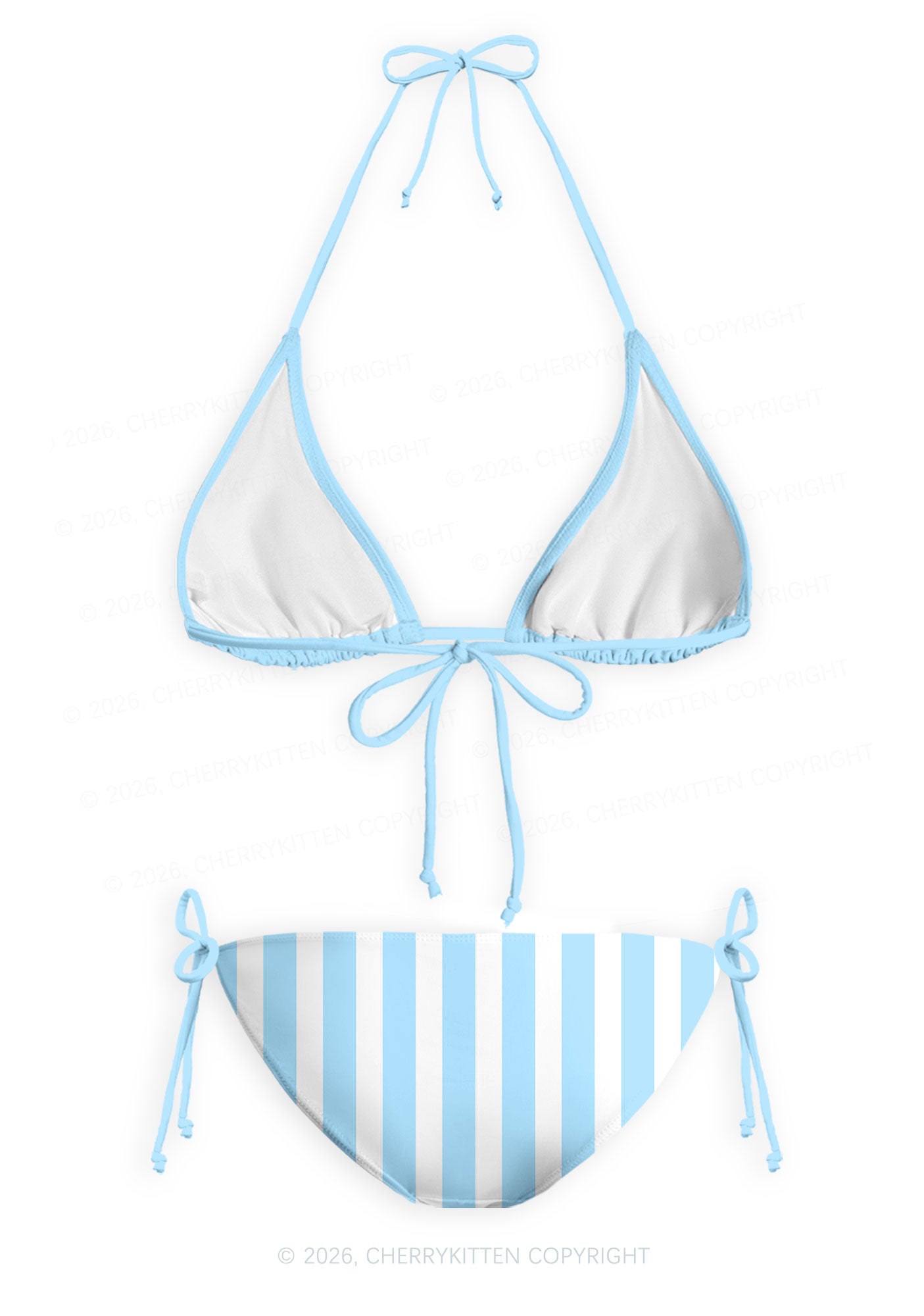 Blue White Vertical Stripes Y2K Print Bikini Set Cherrykitten