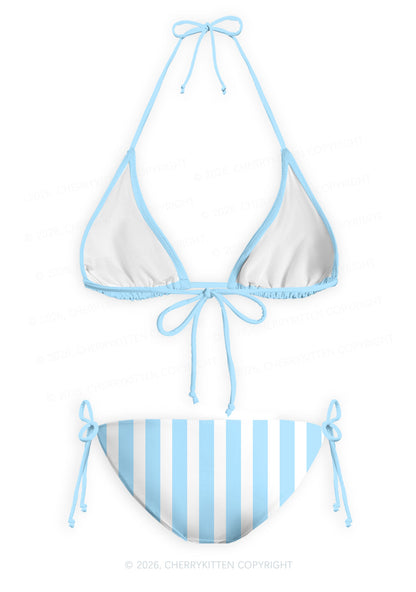Blue White Vertical Stripes Y2K Print Bikini Set Cherrykitten