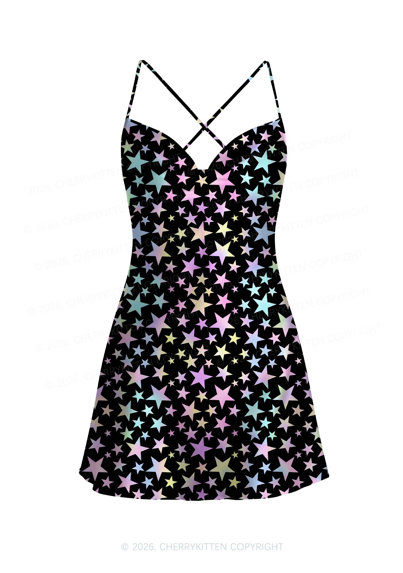 Rainbow Star On Black Y2K Print Satin Cowl Neck Slip Dress Cherrykitten