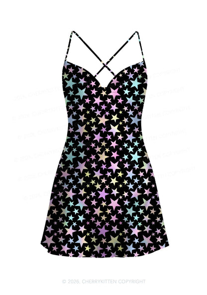 Rainbow Star On Black Y2K Print Satin Cowl Neck Slip Dress Cherrykitten