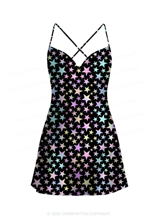 Rainbow Star On Black Y2K Print Satin Cowl Neck Slip Dress Cherrykitten