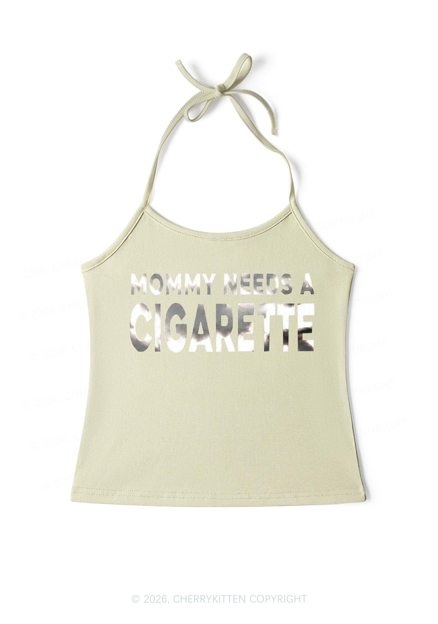 Mommy Needs A Cigarette Silver Foil Printed Y2K Halter Neck Cami Cherrykitten