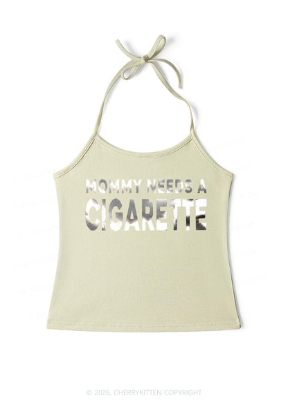 Mommy Needs A Cigarette Silver Foil Printed Y2K Halter Neck Cami Cherrykitten