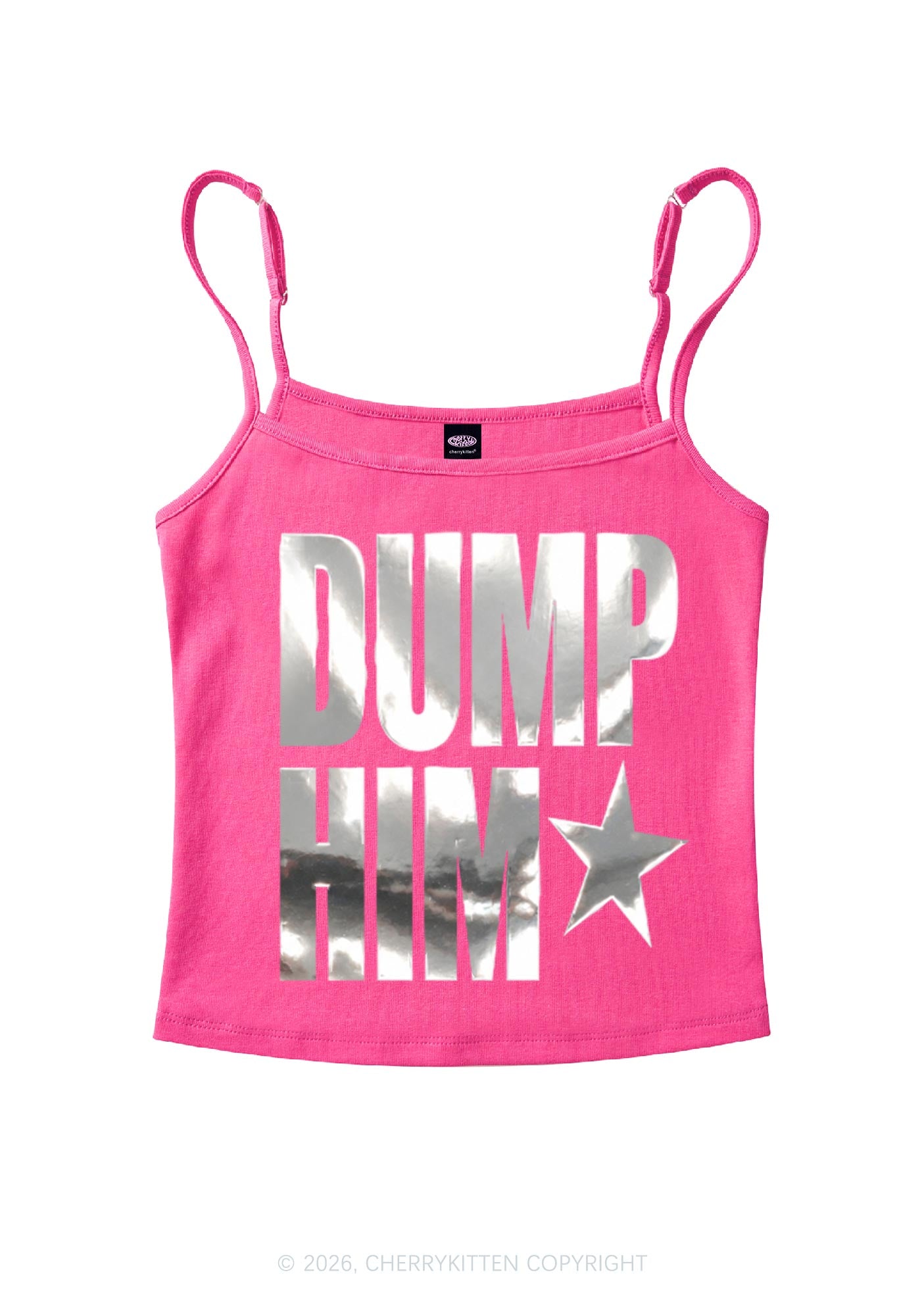 Dump Him Silver Foil Printed Y2K Spaghetti Strap Cami Cherrykitten