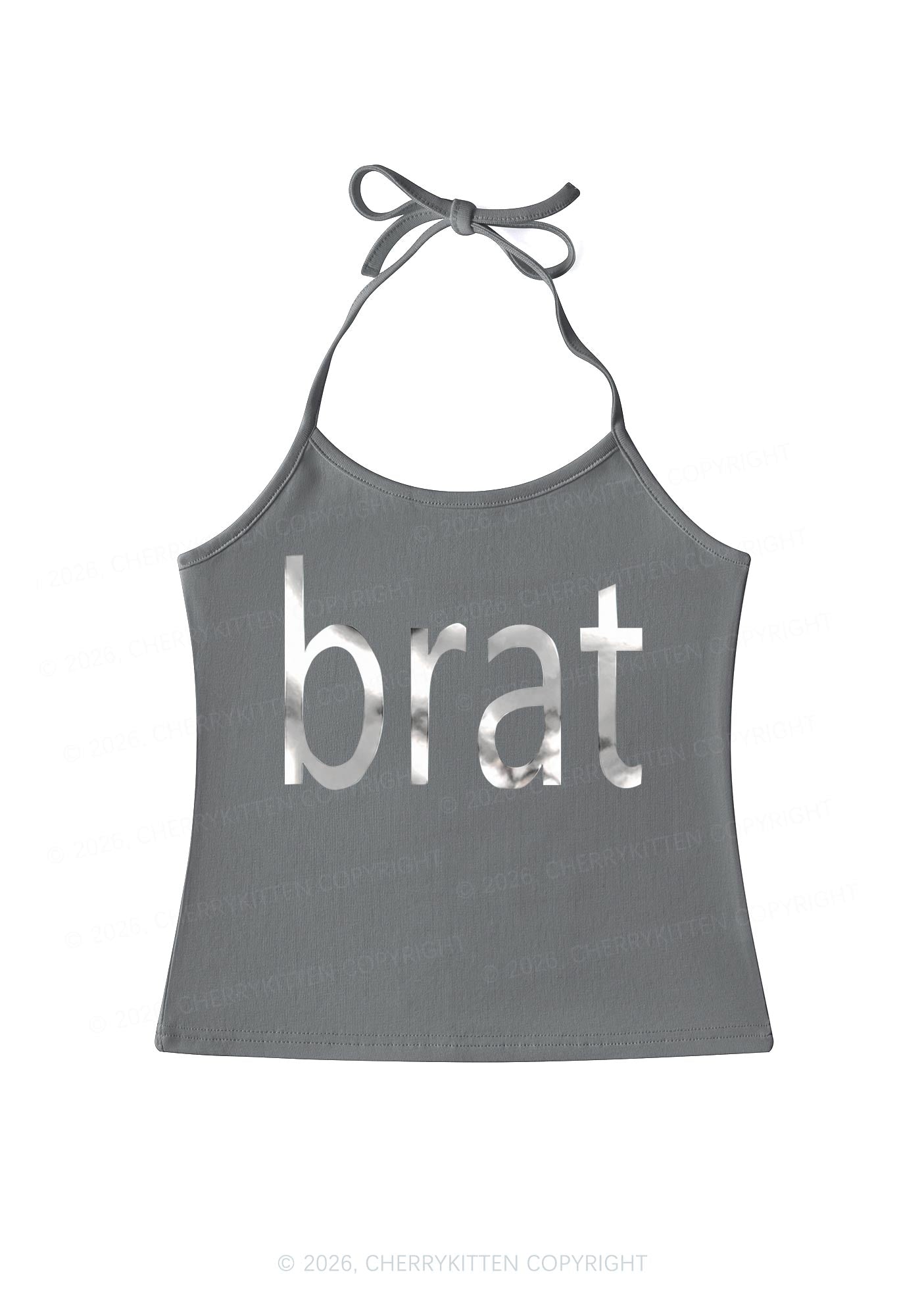 Brat Silver Foil Printed Y2K Halter Neck Cami Cherrykitten