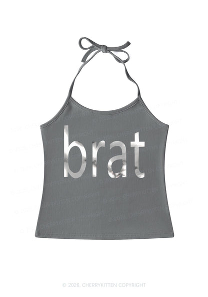 Brat Silver Foil Printed Y2K Halter Neck Cami Cherrykitten