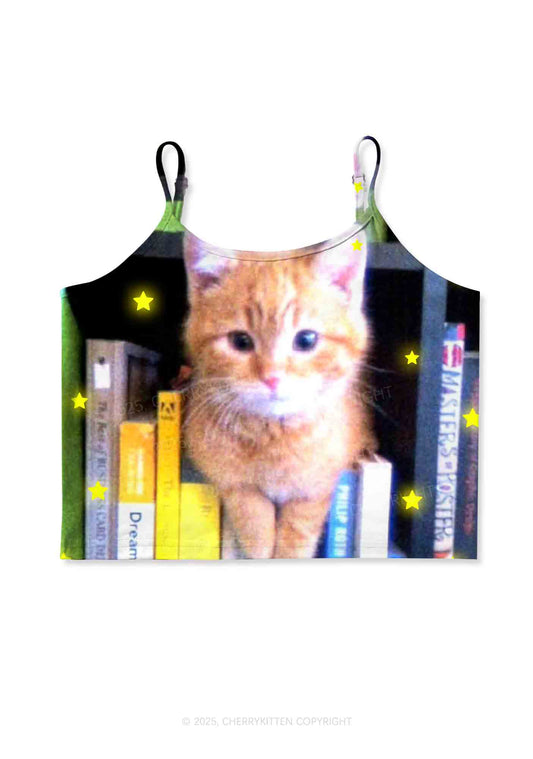 Feline Bookworm Y2K Print Cami Crop Top Cherrykitten