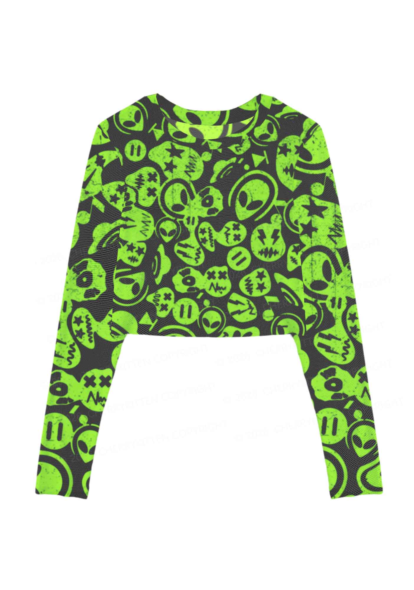 Green Alien Doodle Y2K Mesh Long Sleeve Crop Top Cherrykitten