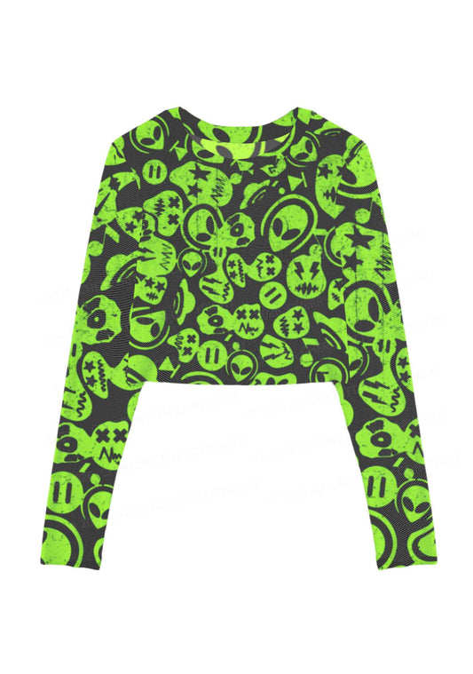 Green Alien Doodle Y2K Mesh Long Sleeve Crop Top Cherrykitten