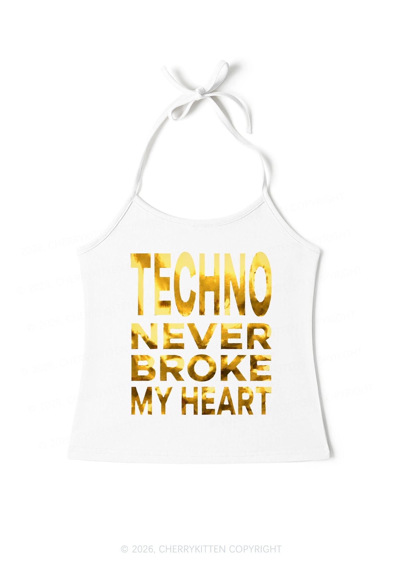 Techno Broke Heart Silver Foil Printed Y2K Halter Neck Cami Cherrykitten