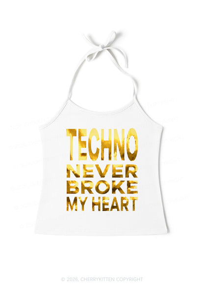 Techno Broke Heart Silver Foil Printed Y2K Halter Neck Cami Cherrykitten
