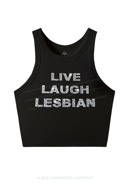 Rhinestone Live Laugh Lesbian Pride Y2K Crop Tank Top Cherrykitten
