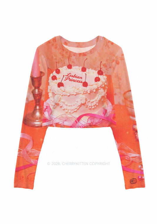 Coral Lesbian Princess Cake Pride Y2K Mesh Long Sleeve Crop Top Cherrykitten