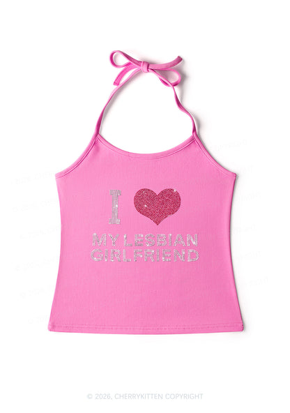 Rhinestone I Love My Lesbian GF Pride Y2K Halter Neck Cami Cherrykitten