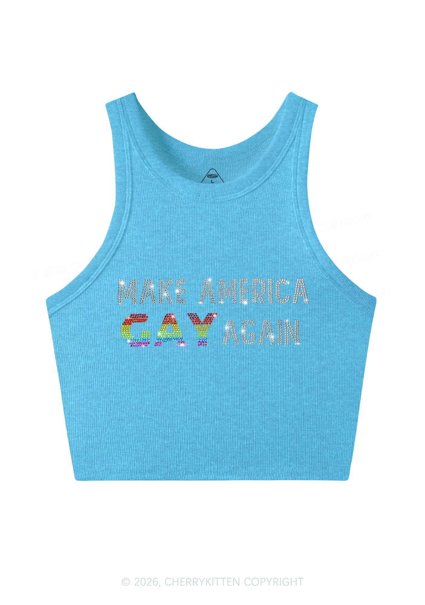 Rhinestone Make America Gay Again Pride Y2K Crop Tank Top Cherrykitten