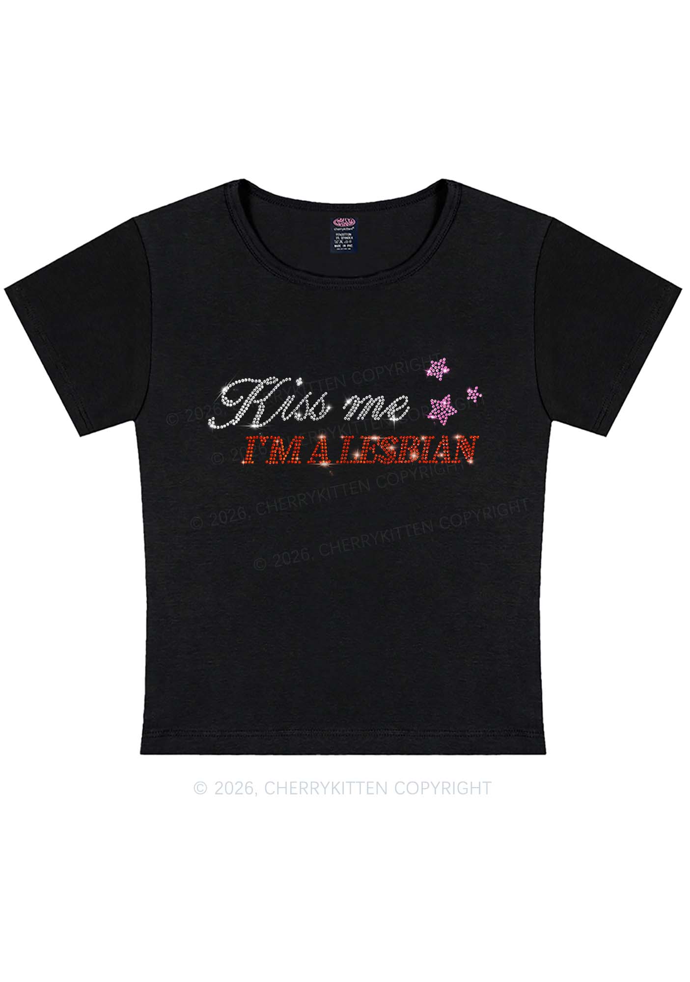 Rhinestone Kiss Me Im A Lesbian Pride Y2K Baby Tee Cherrykitten
