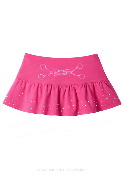 Glitter Pink Scissor Pride Y2K Pink Ruffled Rhinestone Mini Skirt Cherrykitten