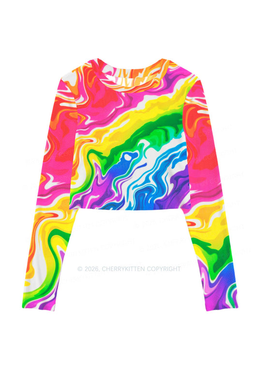 Rainbow Liquid Tie Dye Pride Y2K Mesh Long Sleeve Crop Top Cherrykitten