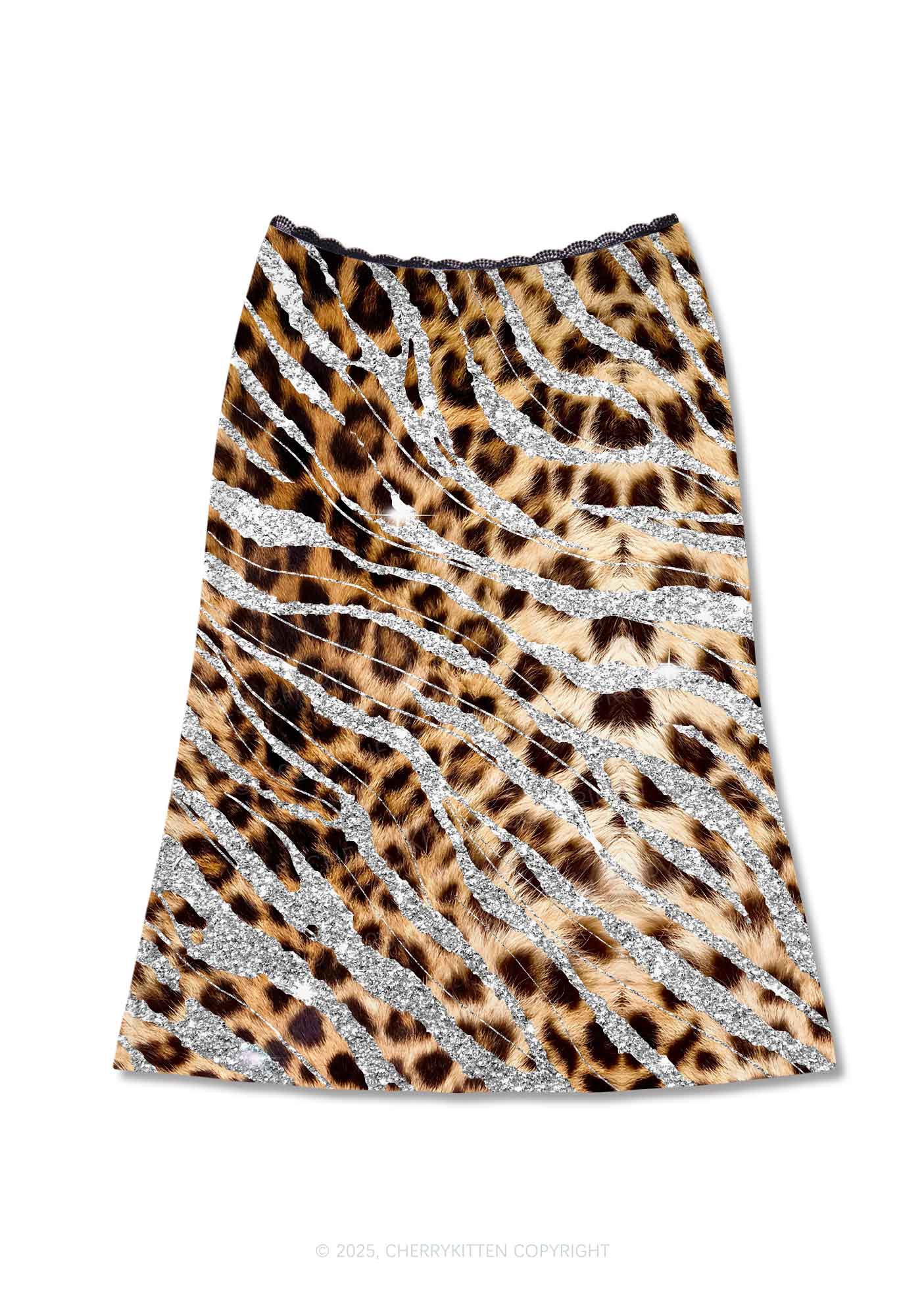 Silver Glitter Leopard Y2K Print Midi Skirt Cherrykitten