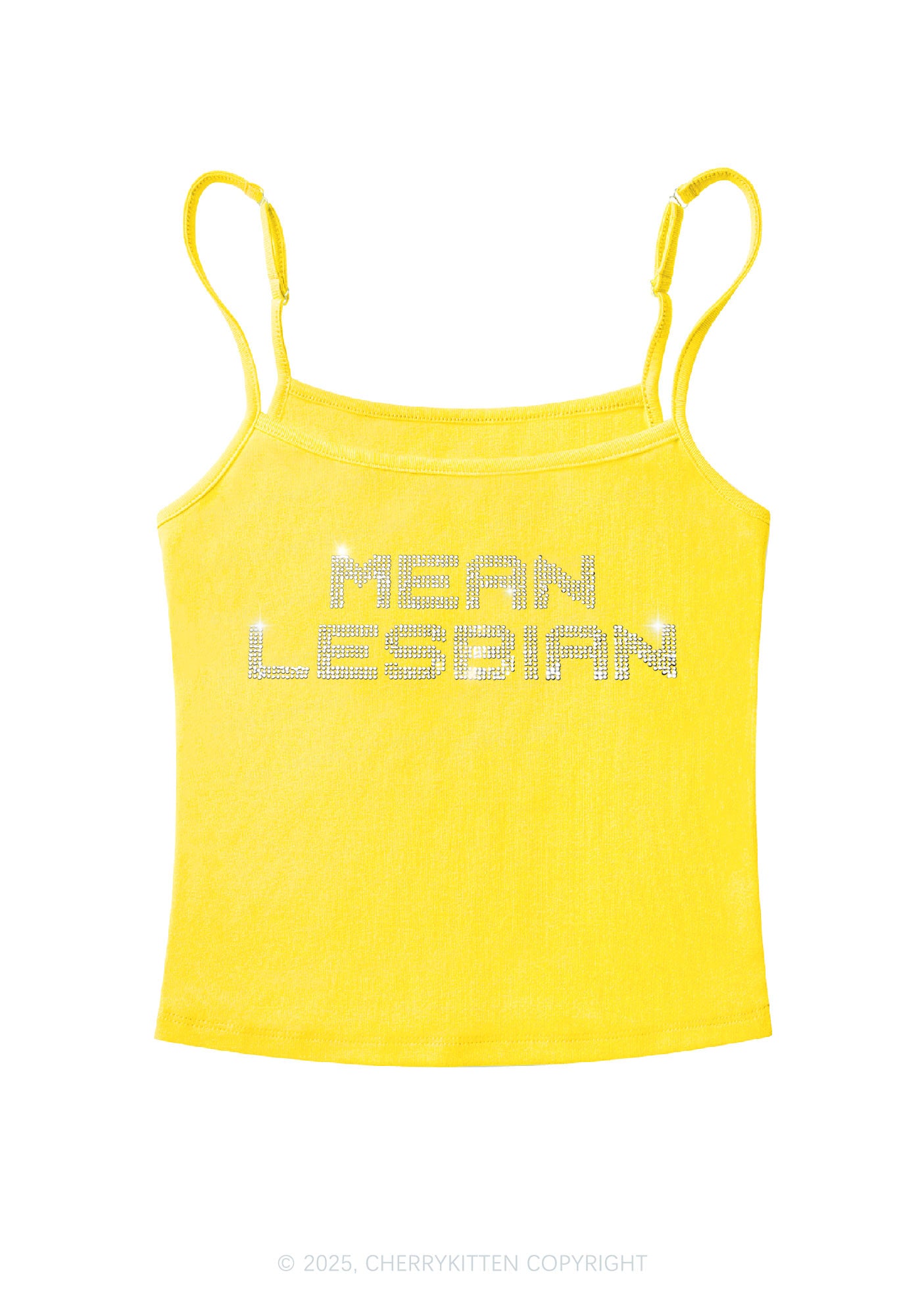 Rhinestone Mean Lesbian Pride Y2K Spaghetti Strap Cami Cherrykitten