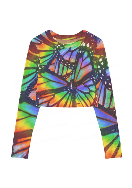 Rainbow Butterfly Y2K Mesh Long Sleeve Crop Top Cherrykitten
