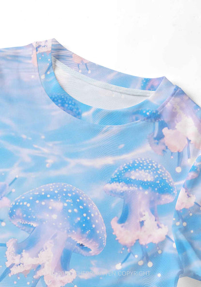 Blue Ocean Jellyfish Y2K Mesh Crop Top Cherrykitten