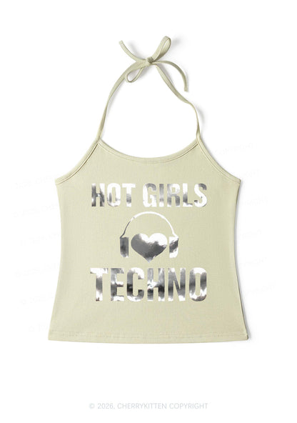 Hot Girls Love Techno Silver Foil Printed Y2K Halter Neck Cami Cherrykitten