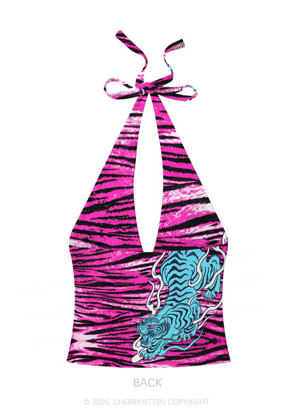 Blue Tiger Pink Zebra Stripe Y2K Print Halter Deep V Neck Cami Cherrykitten