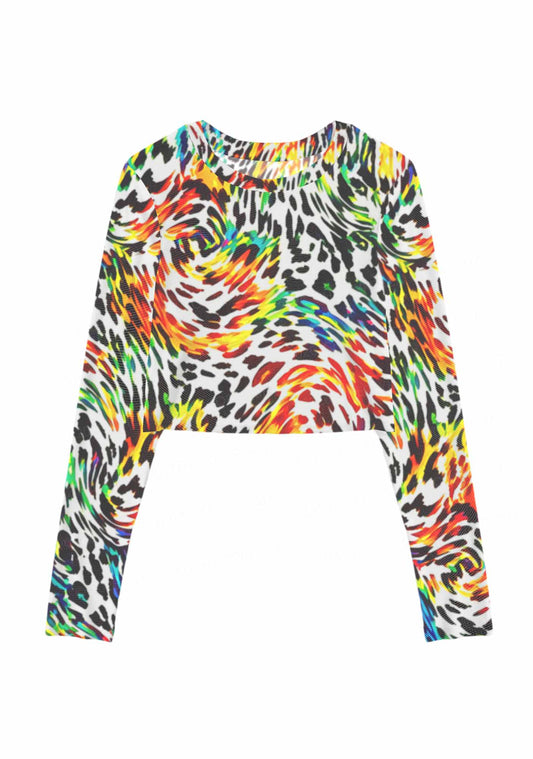 Rainbow Leopard Pride Y2K Mesh Long Sleeve Crop Top Cherrykitten