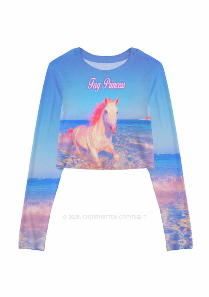 Blue Fag Princess Horse Pride Y2K Mesh Long Sleeve Crop Top Cherrykitten