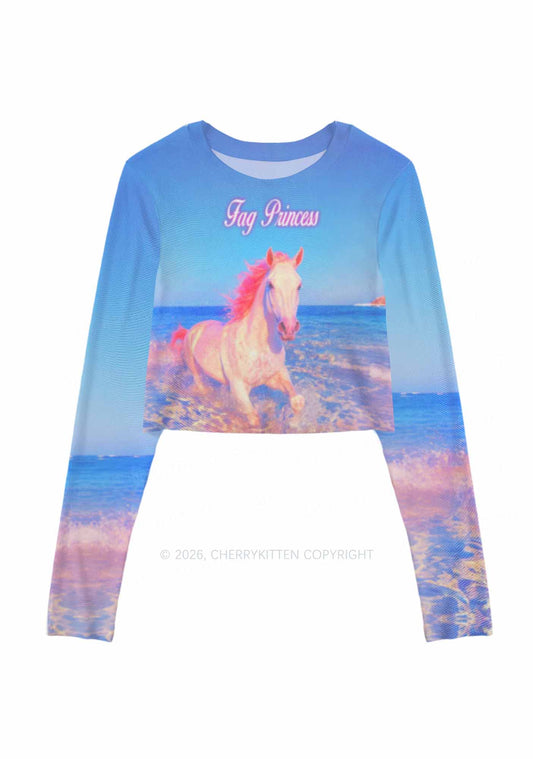 Blue Fag Princess Horse Pride Y2K Mesh Long Sleeve Crop Top Cherrykitten