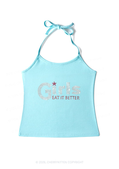 Rhinestone Girls Eat It Better Pride Y2K Halter Neck Cami Cherrykitten