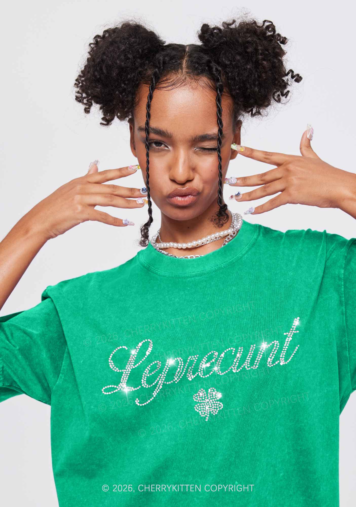 Rhinestone Leprecunt St Patricks Y2K Shirts Washed Tee Cherrykitten