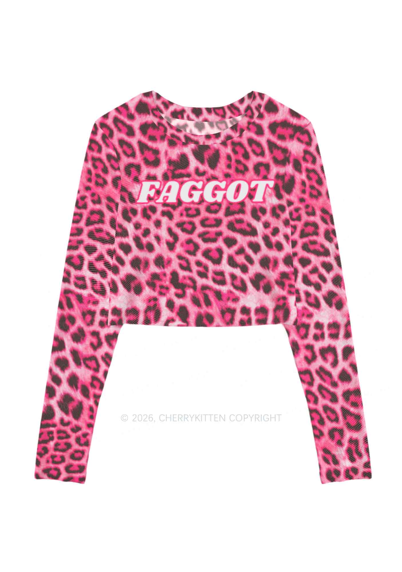 Pink Leopard Faggot Pride Y2K Mesh Long Sleeve Crop Top Cherrykitten