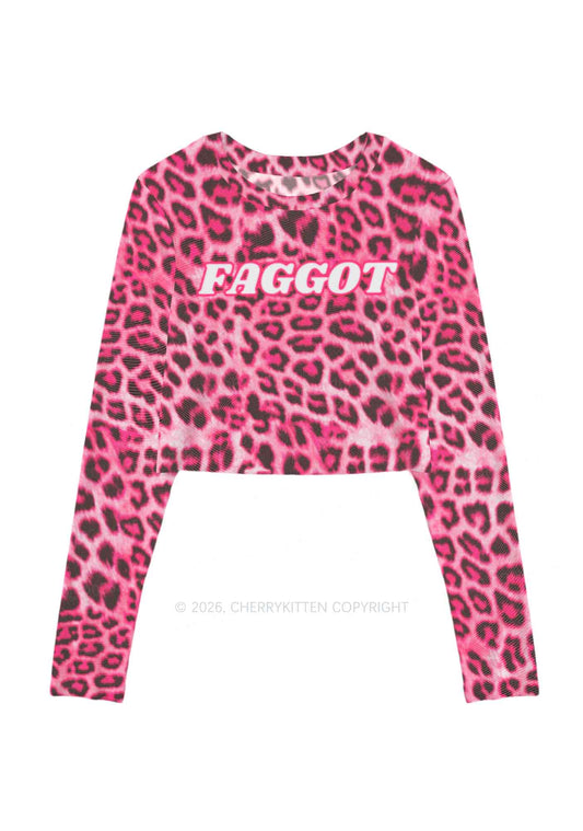 Pink Leopard Faggot Pride Y2K Mesh Long Sleeve Crop Top Cherrykitten