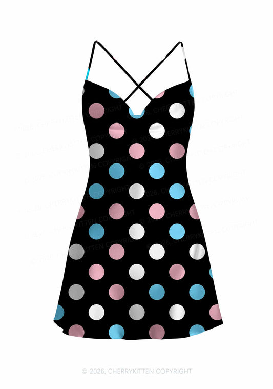 Trans Dots On Black Pride Y2K Print Satin Cowl Neck Slip Dress Cherrykitten