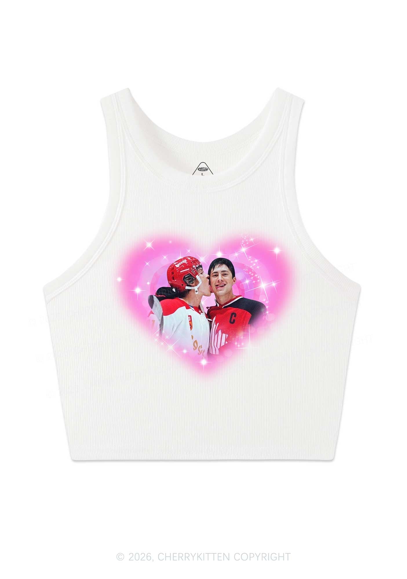 Sparkle Pink Heart Kissing Y2K Crop Tank Top Cherrykitten