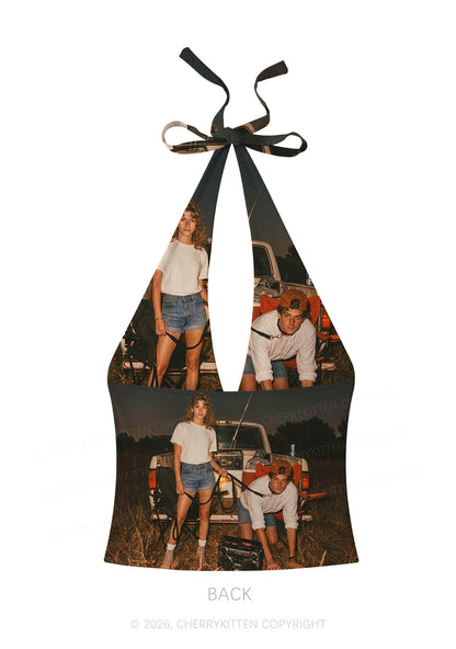 Outdoor Pet Boy Y2K Print Halter Deep V Neck Cami Cherrykitten