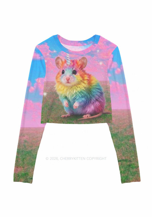 Unicorn Rat Pride Y2K Mesh Long Sleeve Crop Top Cherrykitten