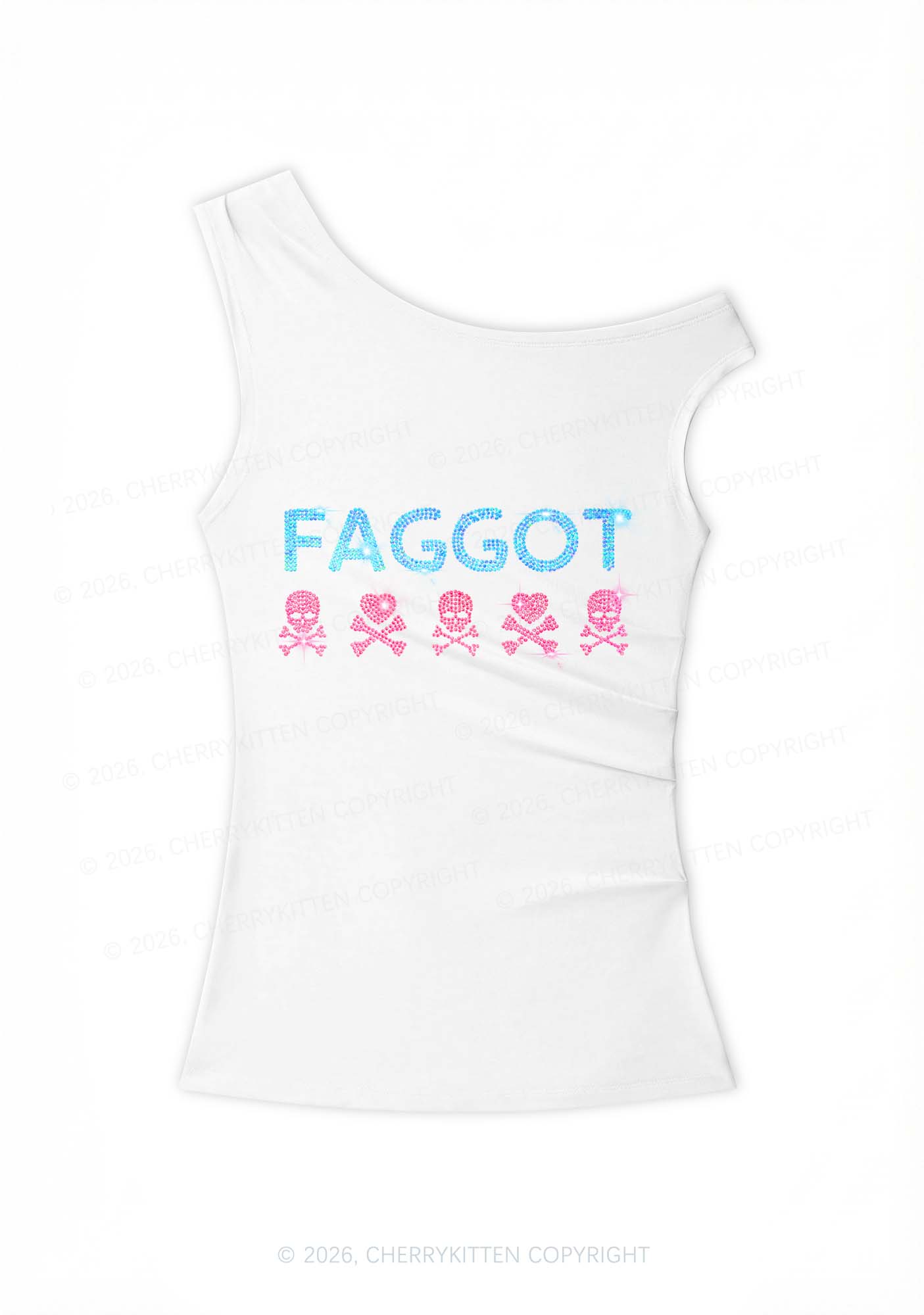 Rhinestone Faggot Skull Pride Y2K Off Shoulder Tank Top Cherrykitten