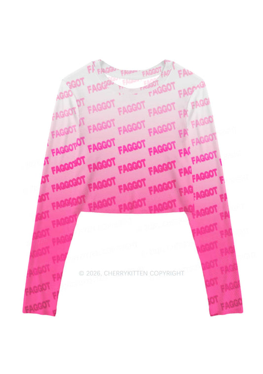 Faded Pink Faggot Pride Y2K Mesh Long Sleeve Crop Top Cherrykitten