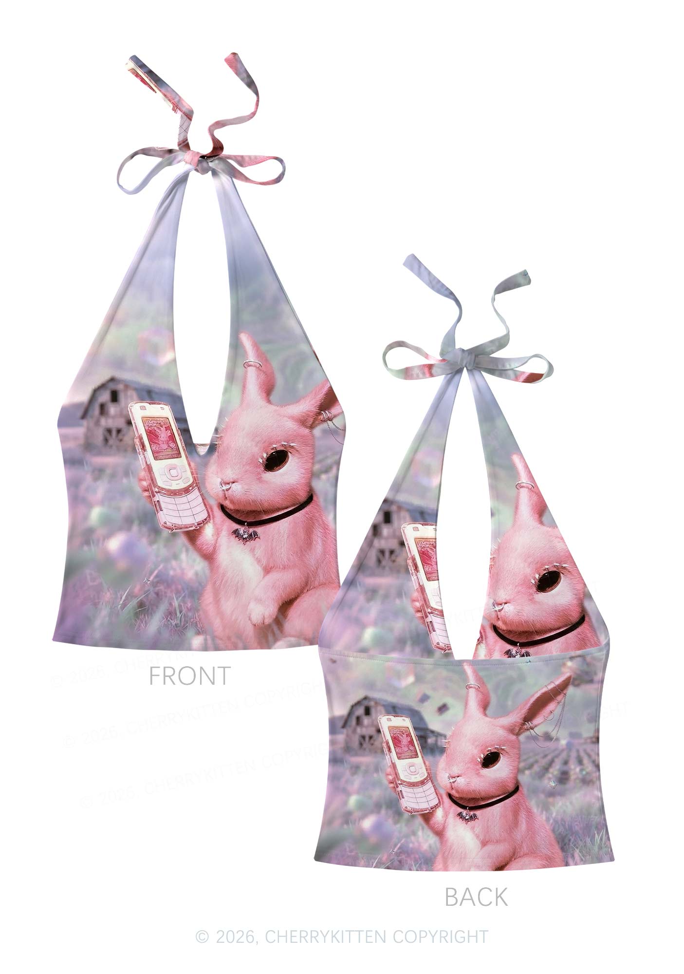 Pink Gothic Bunny Y2K Print Halter Deep V Neck Cami Cherrykitten