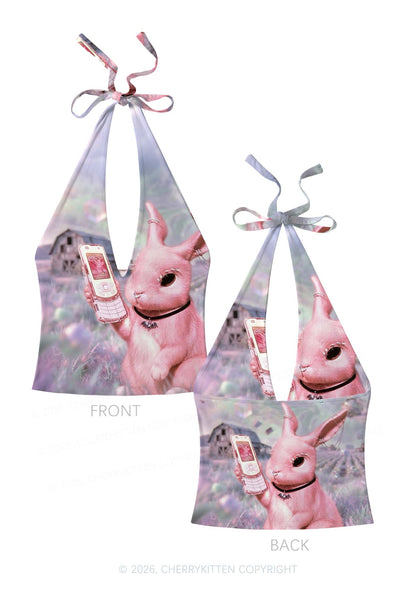 Pink Gothic Bunny Y2K Print Halter Deep V Neck Cami Cherrykitten