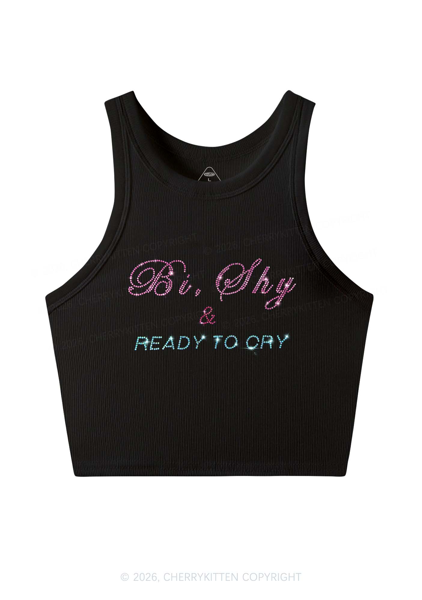 Rhinestone Bi Shy And Ready To Cry Pride Y2K Crop Tank Top Cherrykitten