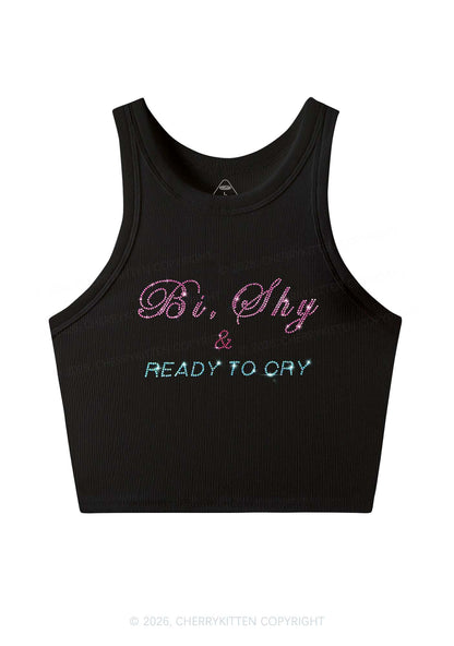Rhinestone Bi Shy And Ready To Cry Pride Y2K Crop Tank Top Cherrykitten
