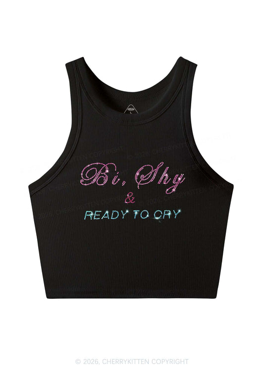 Rhinestone Bi Shy And Ready To Cry Pride Y2K Crop Tank Top Cherrykitten