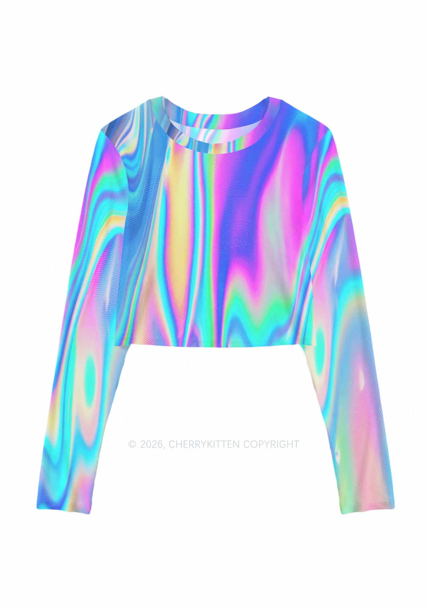 Holographic Iridescent Swirl Y2K Mesh Long Sleeve Crop Top Cherrykitten